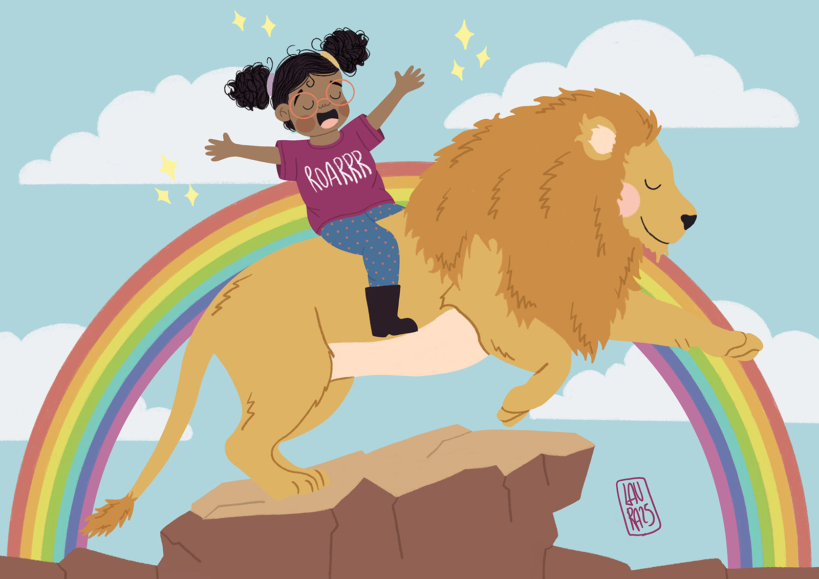 Illustrazione di una bambina che cavalca un leone, sullo sfondo un arcobaleno
