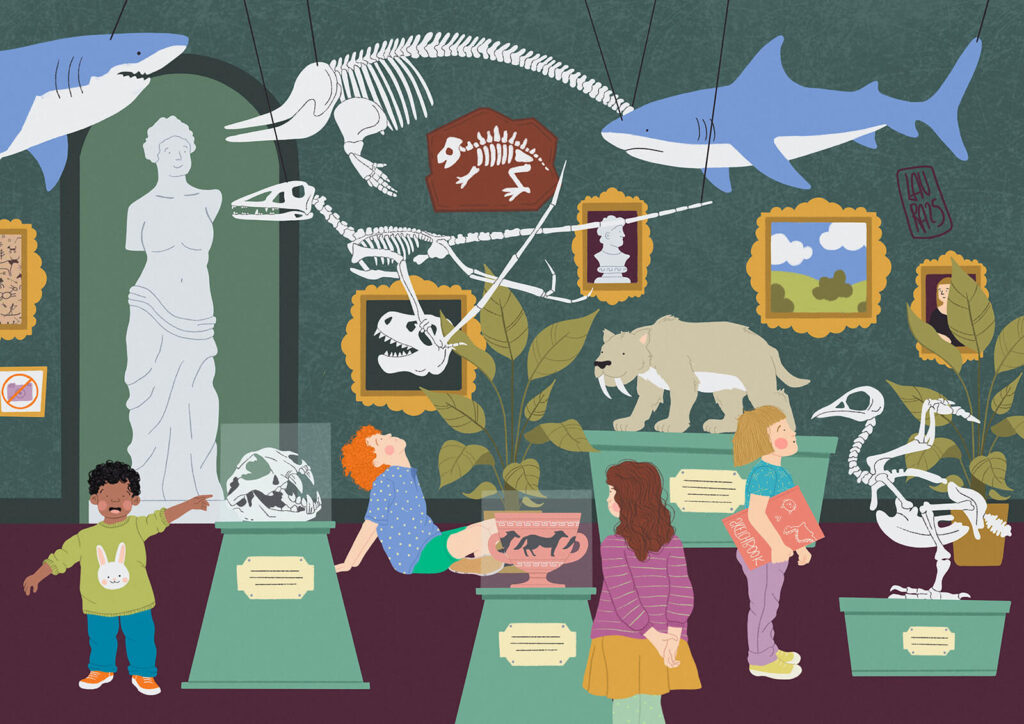 Un'illustrazione di un gruppo di bambini in visita al museo.